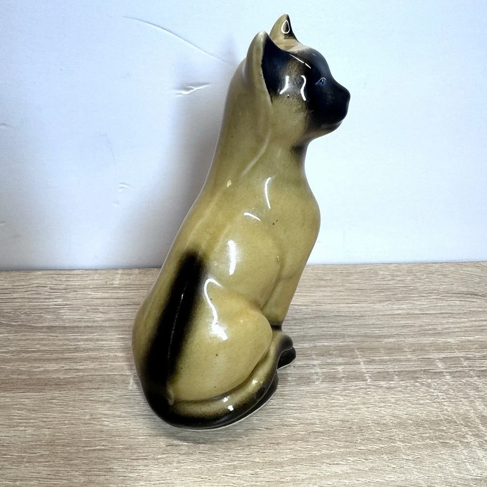 Vintage Made in Brazil Siamese Cat Ceramic Figurine Blue Eyes 7